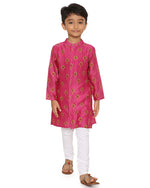 Load image into Gallery viewer, Maanik Cotton Silk Magenta Block Printed Kurta with Zari Embroidered Long Sherwani Jacket and Churidaar Set of 3, Pink
