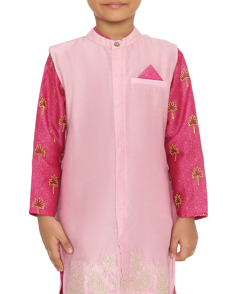 Maanik Cotton Silk Magenta Block Printed Kurta with Zari Embroidered Long Sherwani Jacket and Churidaar Set of 3, Pink