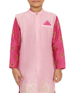 Load image into Gallery viewer, Maanik Cotton Silk Magenta Block Printed Kurta with Zari Embroidered Long Sherwani Jacket and Churidaar Set of 3, Pink
