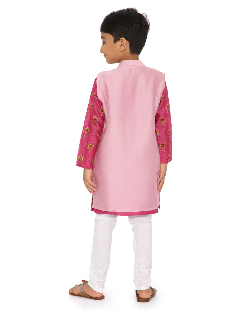 Maanik Cotton Silk Magenta Block Printed Kurta with Zari Embroidered Long Sherwani Jacket and Churidaar Set of 3, Pink