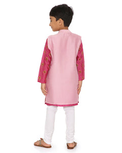 Maanik Cotton Silk Magenta Block Printed Kurta with Zari Embroidered Long Sherwani Jacket and Churidaar Set of 3, Pink