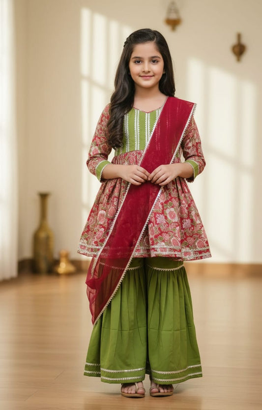 Girls floral red and green sharara set