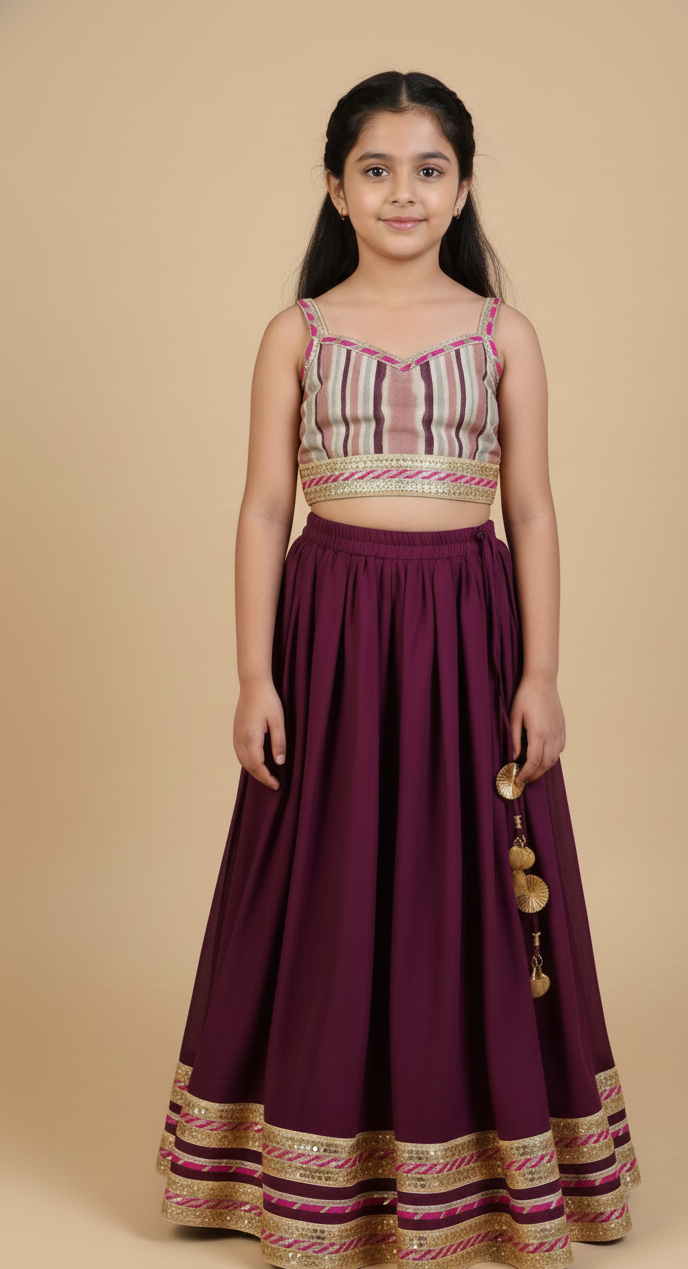 Burgundy lehenga with striped blouse and dupatta