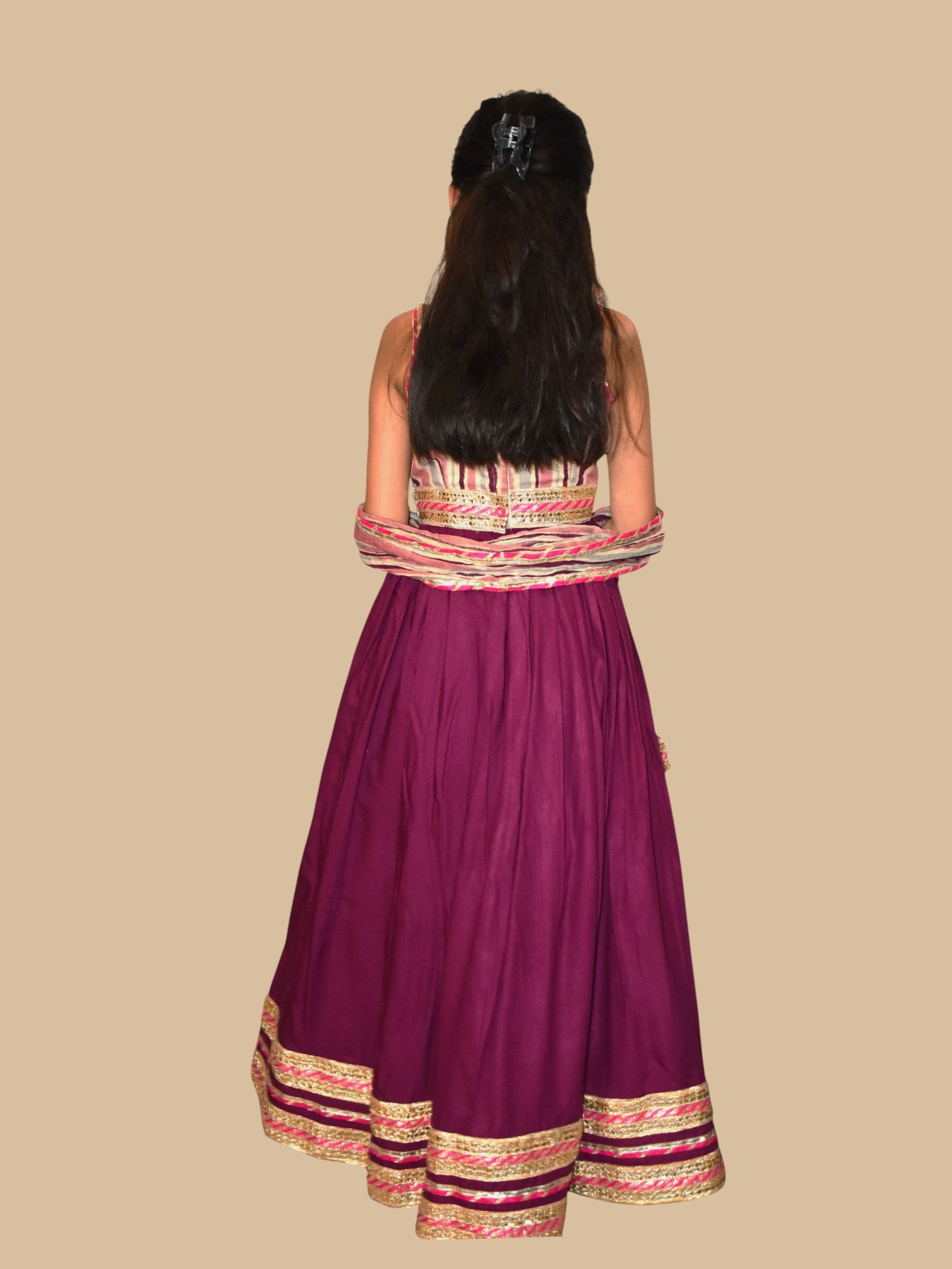 Burgundy lehenga with striped blouse and dupatta