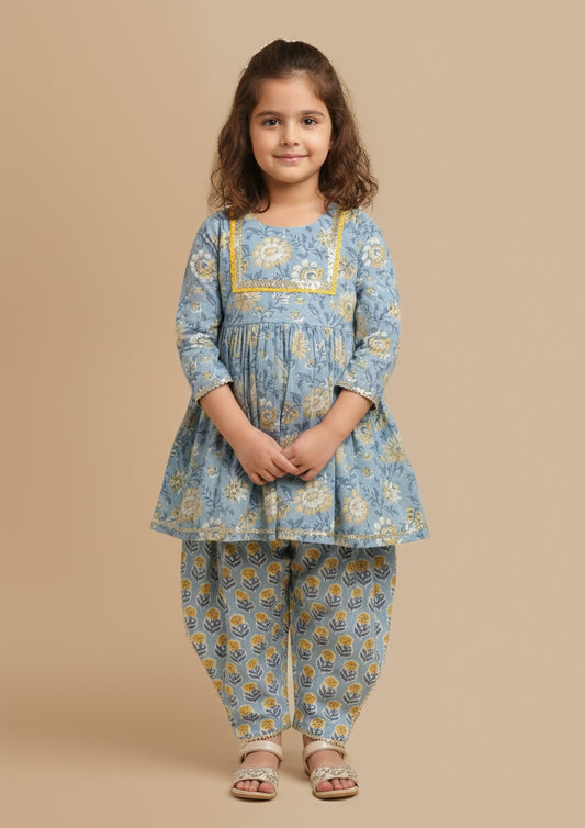 Blue printed peplum co-ord set for girls