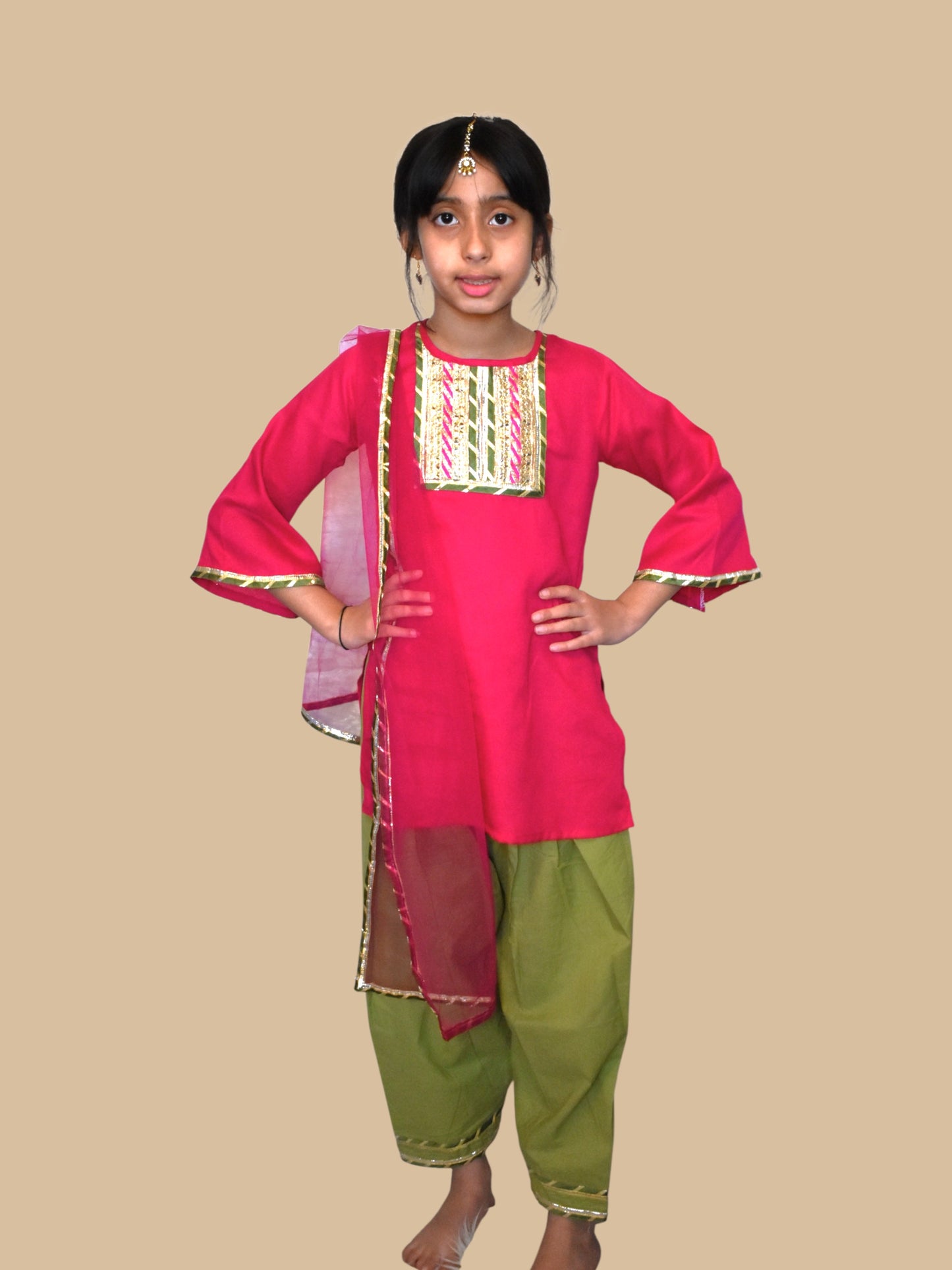 Pink kurta with green payjama and dupatta set