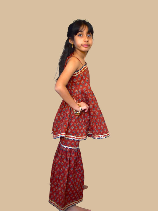 Maroon booti off shoulder printed peplum coord set for girls