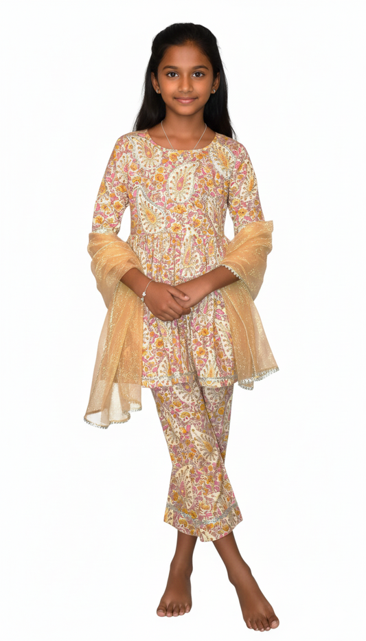 Beige paisley coord set with a gold dupatta