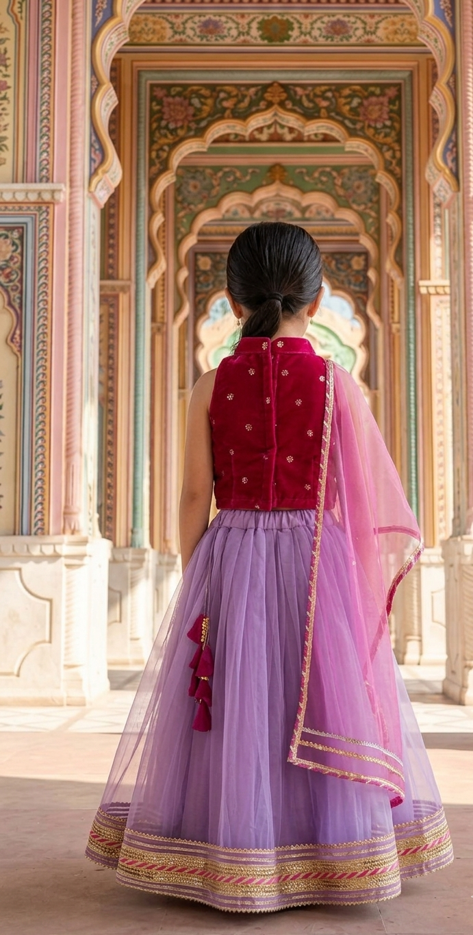 Purple Organza Lehenga with Pink Velvet Blouse for girls - set of 3