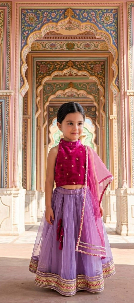 Purple Organza Lehenga with Pink Velvet Blouse for girls - set of 3