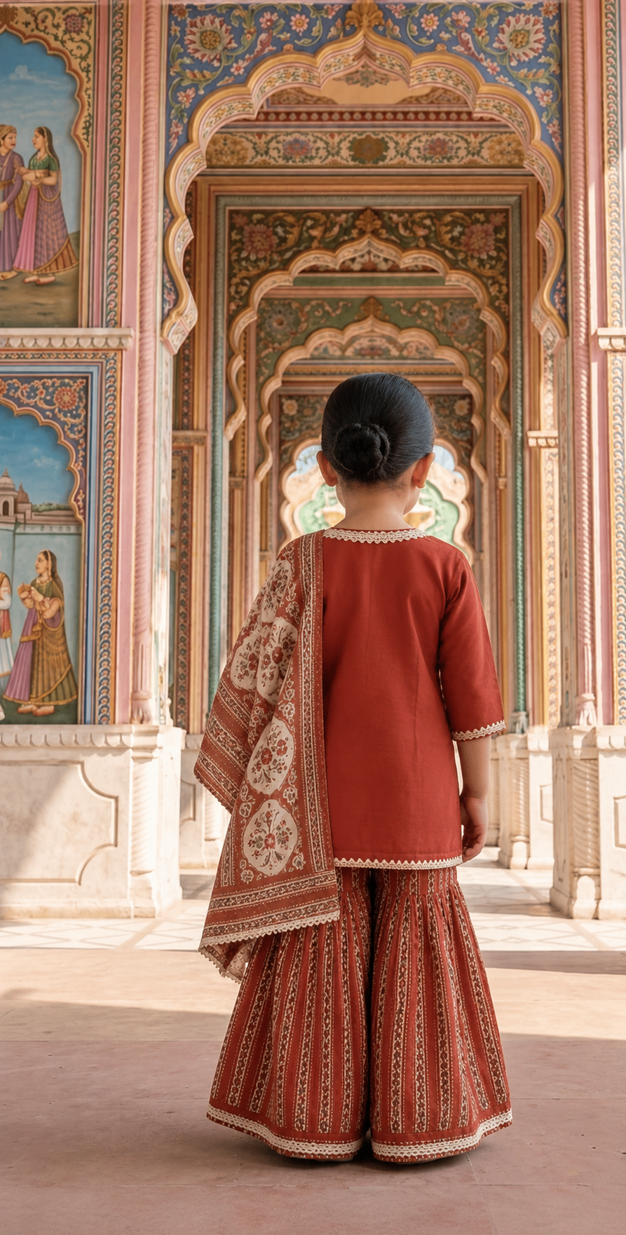 Brick Orange Printed Sharara Set for girls - set of 3