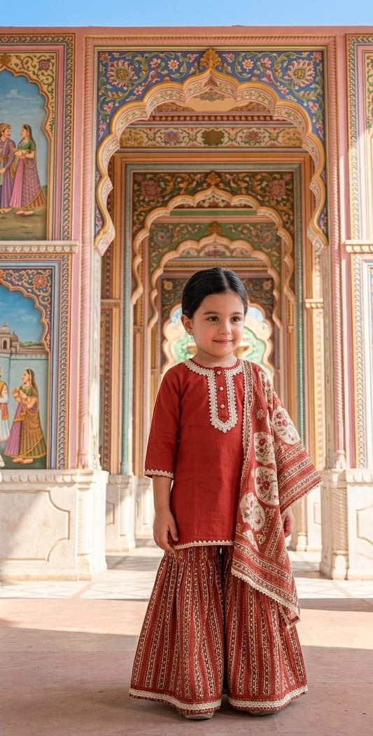 Brick Orange Printed Sharara Set for girls - set of 3