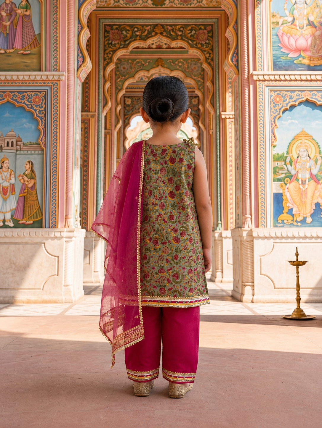 Green Printed Floral Kurta with Pink Payjama and Dupatta for girls - set of 3