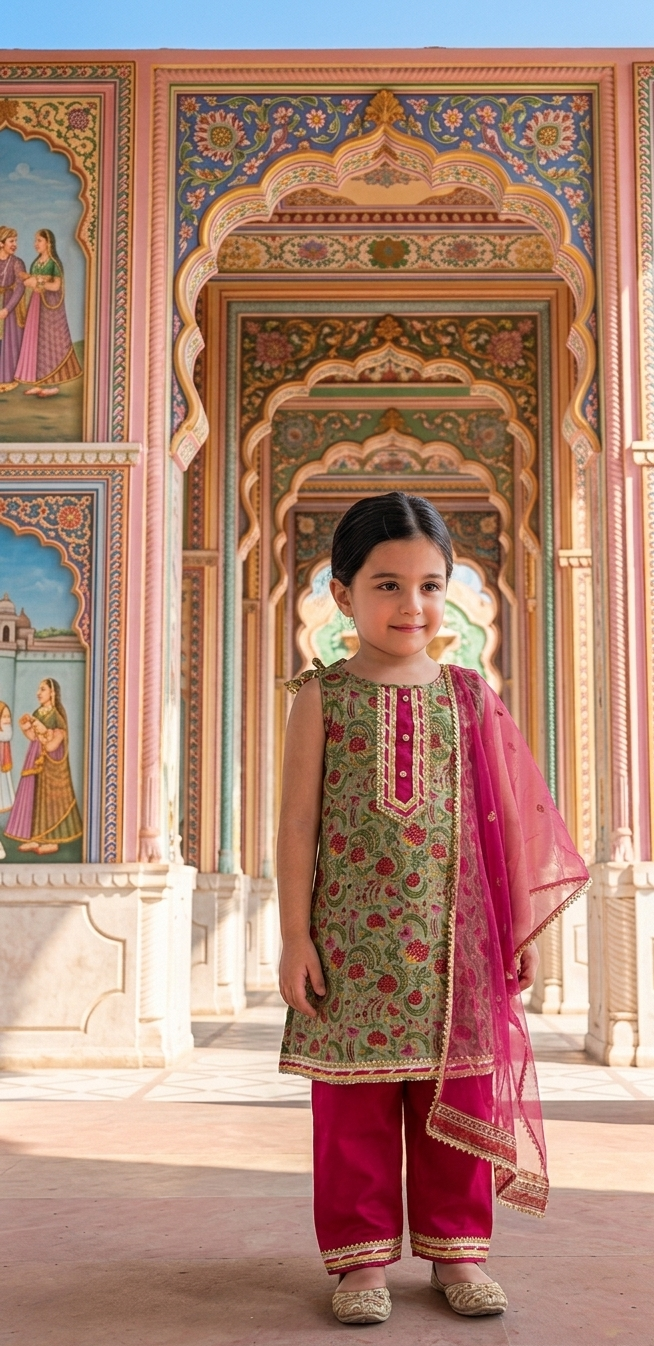 Green Printed Floral Kurta with Pink Payjama and Dupatta for girls - set of 3