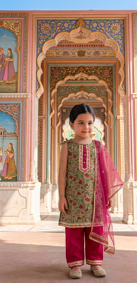 Green Printed Floral Kurta with Pink Payjama and Dupatta for girls - set of 3