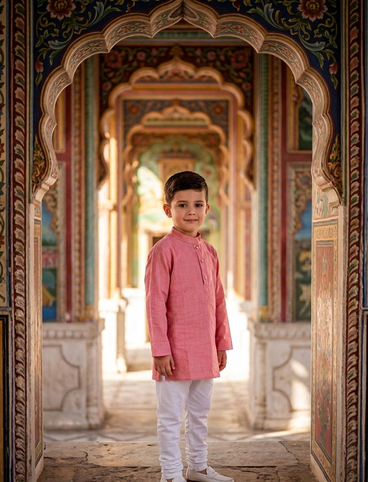 Boys Pink Silk Checks Kurta Payjama - Set of 2
