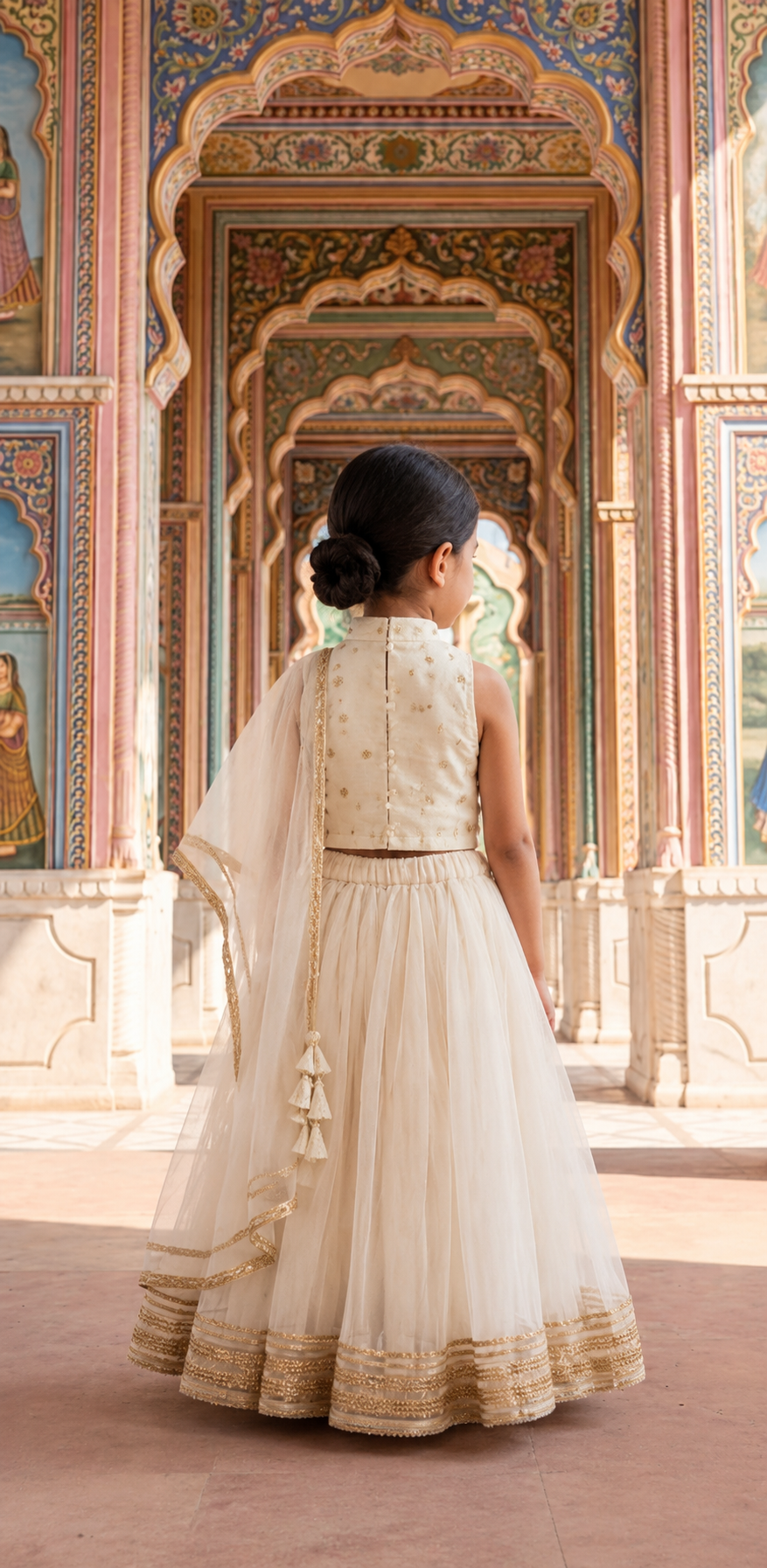 White Georgette Lehenga with White Silk Blouse for girls - set of 3