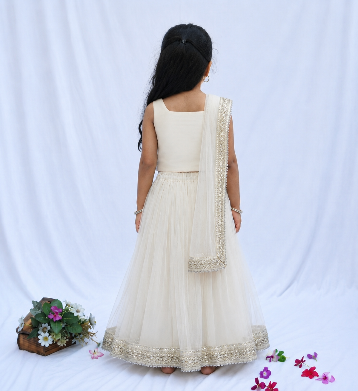 White Net Lehenga Set for girls - Set of 3