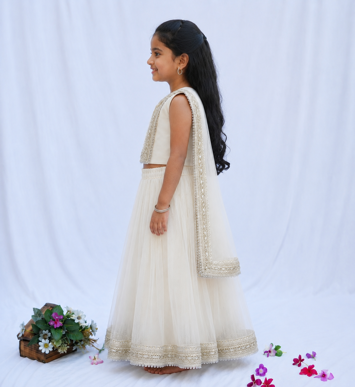 White Net Lehenga Set for girls - Set of 3