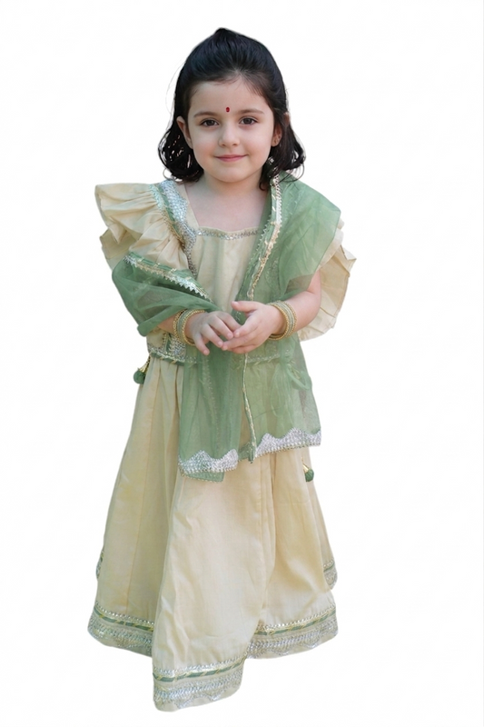 White Silk Lehenga with Light Green Net Dupatta - Set of 3