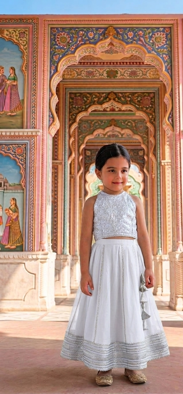 White Georgette Lehenga with White Brocade Blouse for girls - set of 3