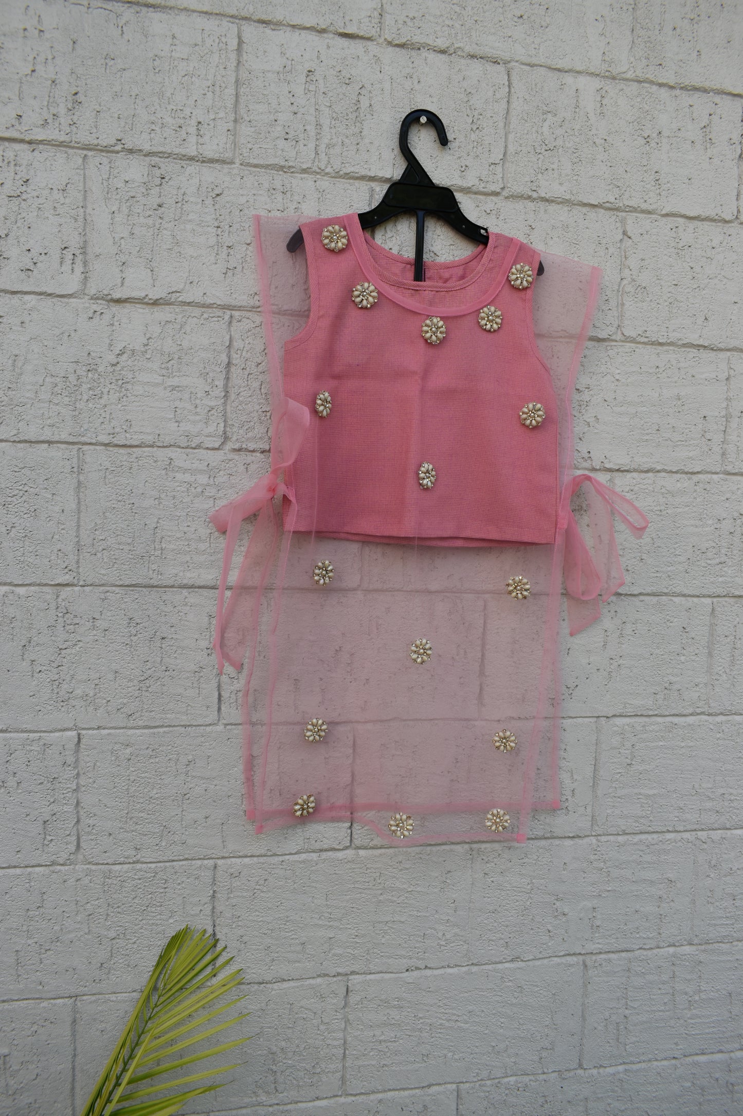Pink Coord set for girls with an Emblished Net Cape Kurta