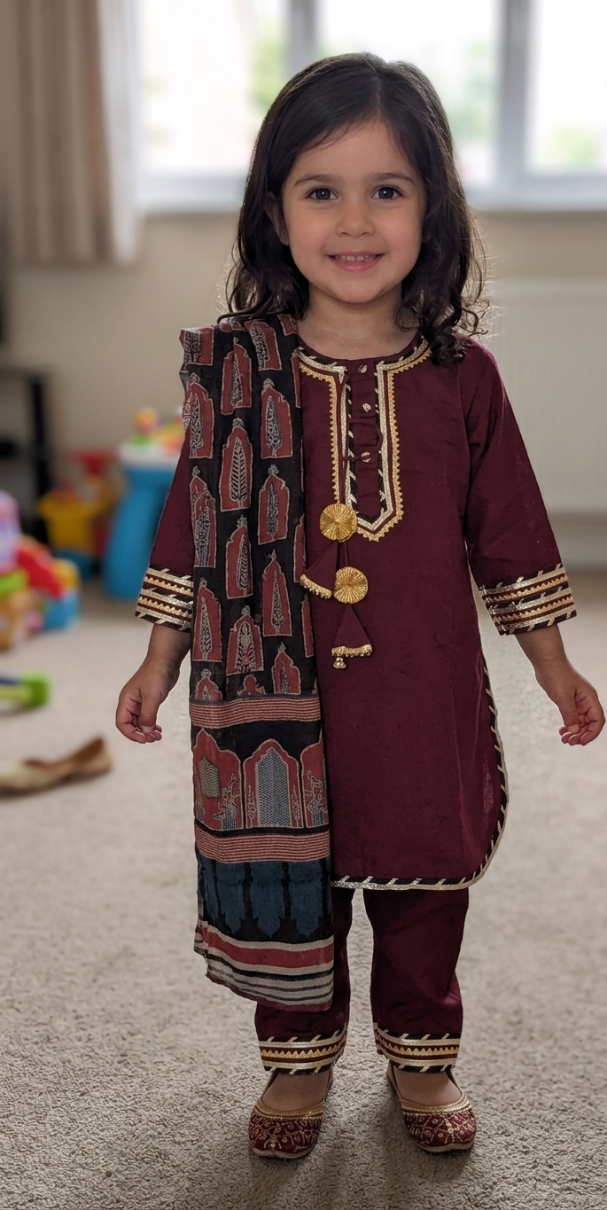 Maroon Kurta payjama with printed cotton dupatta - Set of 3