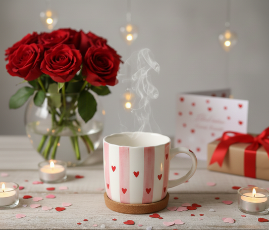Valentine's Day scene with a steaming mug, red roses, and gift boxes on a wooden table.