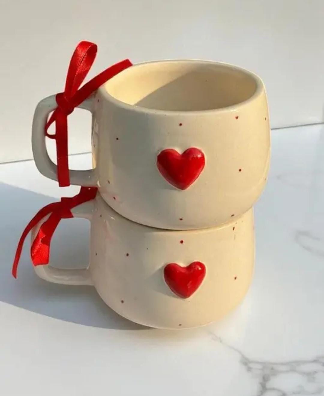 Red heart with polka dots ceramic cups for valentines or anniversary gifting to your loved ones.