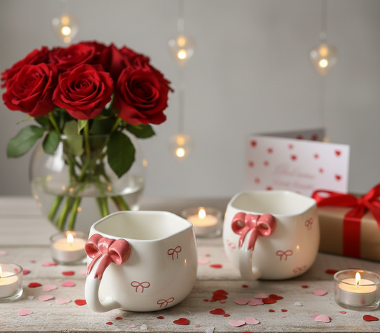 Two white mugs with pink bow decorations on a table with red roses, candles, and a gift box. These will make a perfect gift for your loved ones for valentines day, wedding anniversary, birthdays and housewarming.