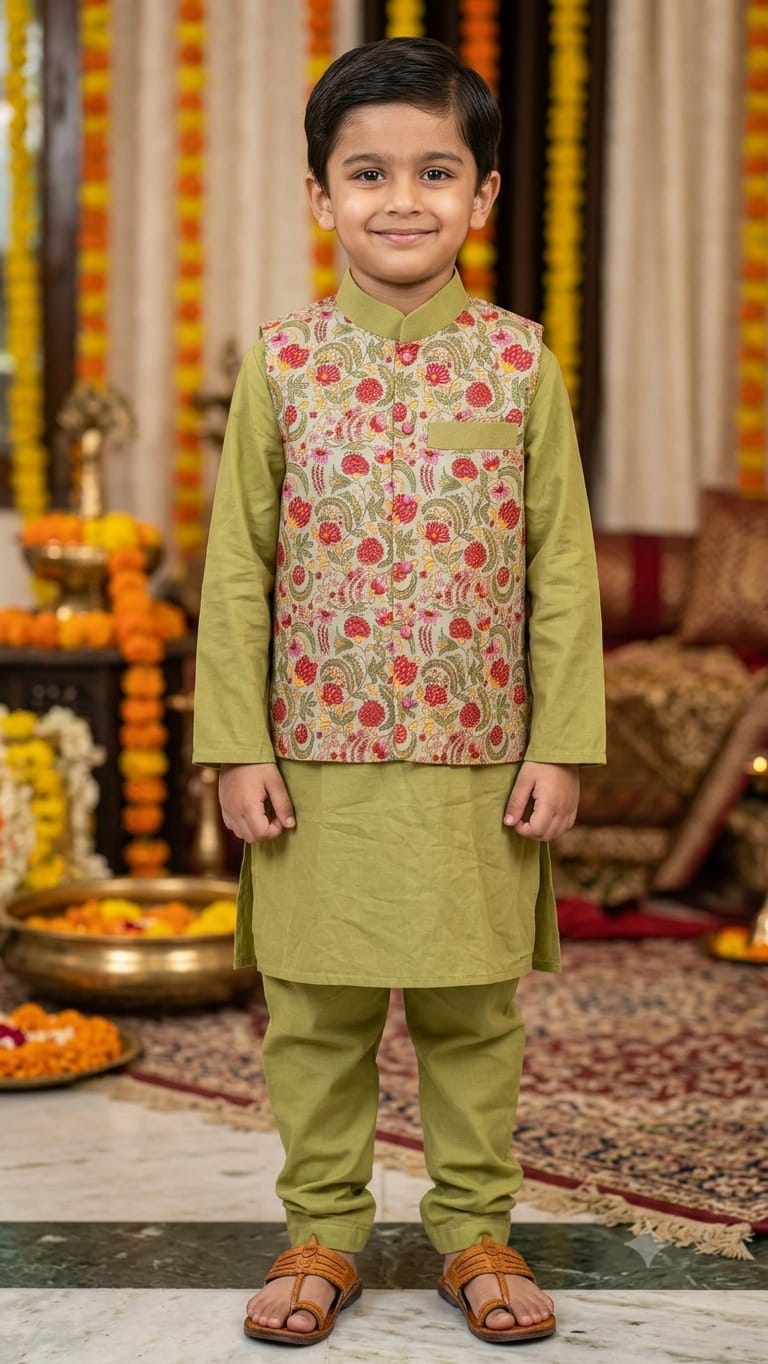 Veer - Green Boys Kurta, Payjama with Floral Jacket