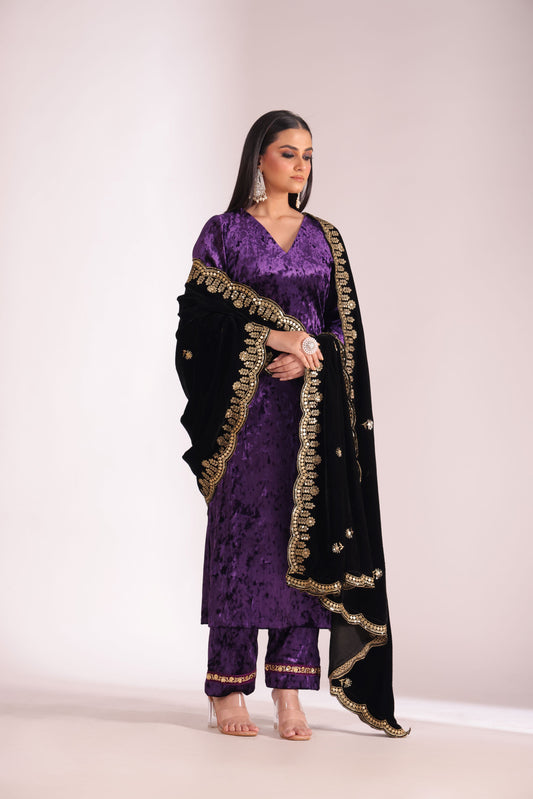 Noor-E-Zar Purple Velvet Kurta with Velvet Palazzo and Shawl - Set of 3