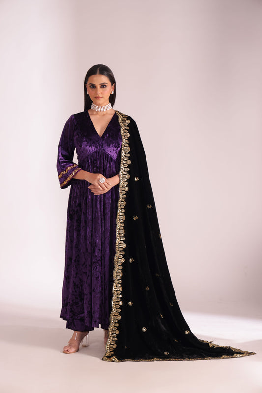 Noor-E-Zar Purple Velvet Kurta with Velvet Palazzo and Shawl - Set of 3