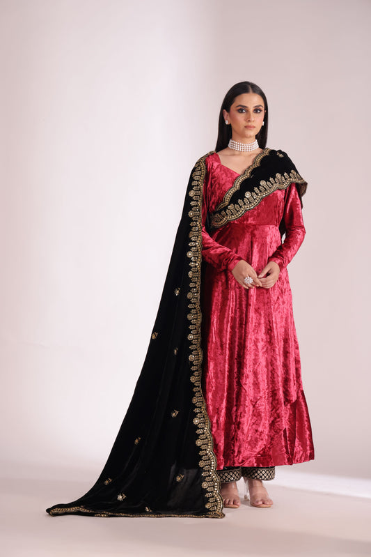 Noor-E-Zar Red Velvet Anarkali with Velvet Palazzo and Shawl - Set of 3