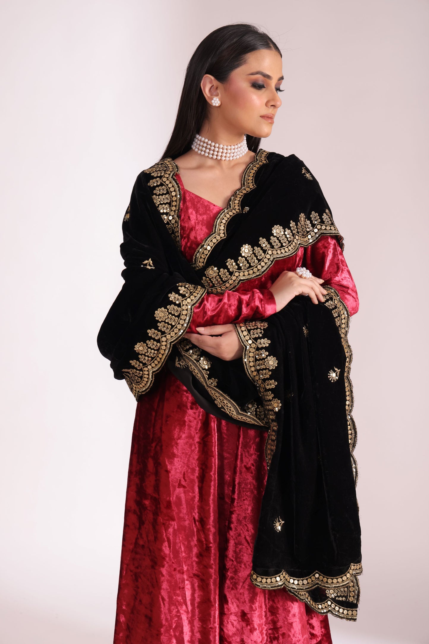 Noor-E-Zar Red Velvet Anarkali with Velvet Palazzo and Shawl - Set of 3