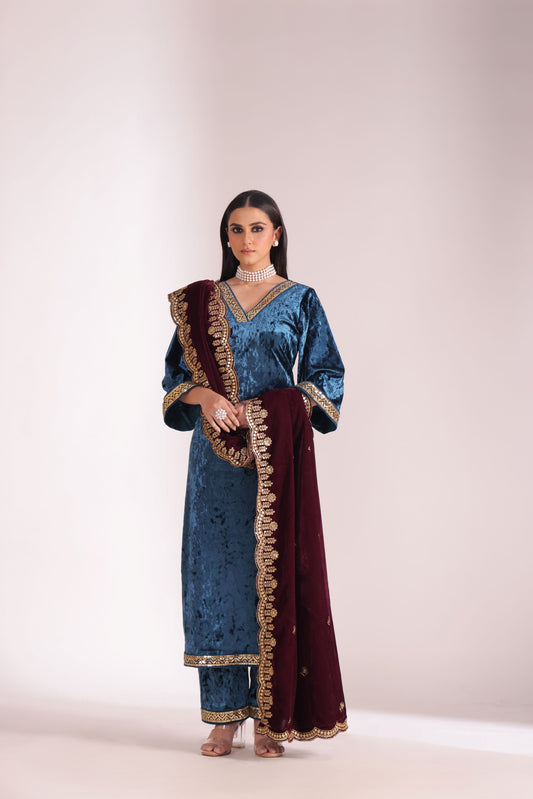 Noor-E-Zar Teal Velvet Kurta with velvet pants and Shawl - Set of 3