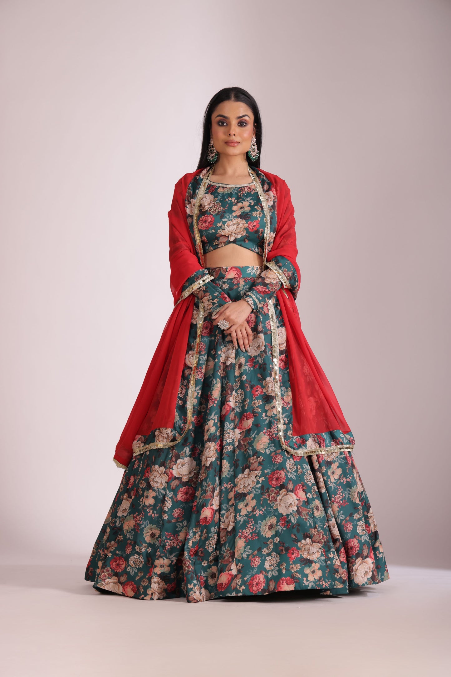 Gulzar Green printed Blouse with Lehenga and dupatta- set of 3