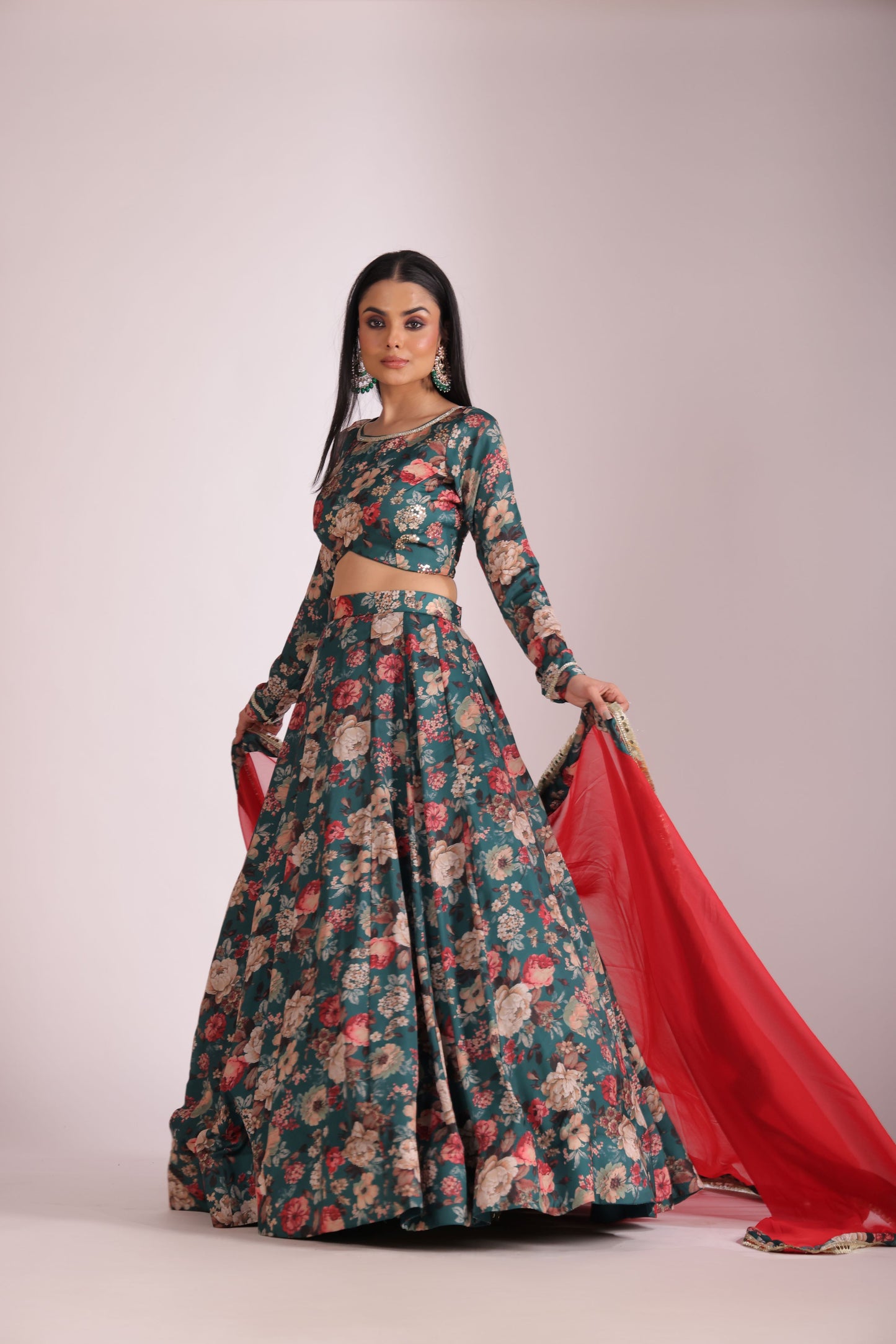 Gulzar Green printed Blouse with Lehenga and dupatta- set of 3