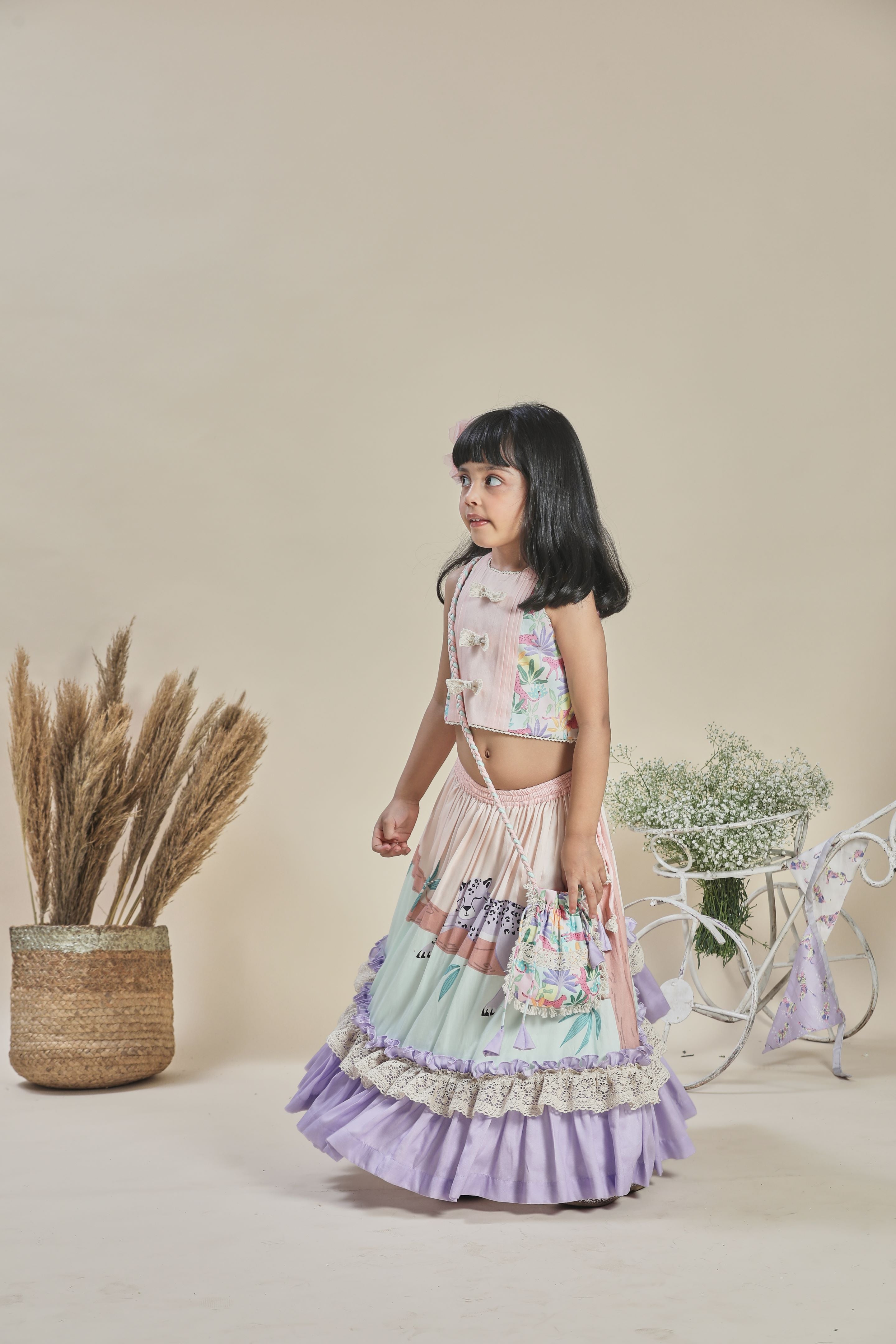 Peach and mint lehenga with frills, blouse, potli bag set