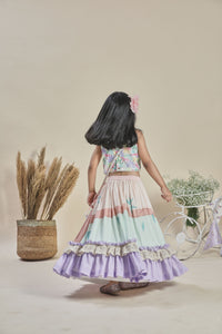 Peach and mint lehenga with frills, blouse, potli bag set