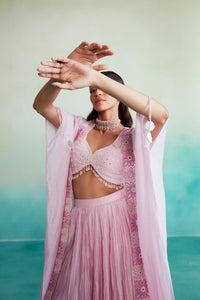 Fleuris jacket set - Orchid Pink Hand embroidered Jacket Crop-top & Sharara set