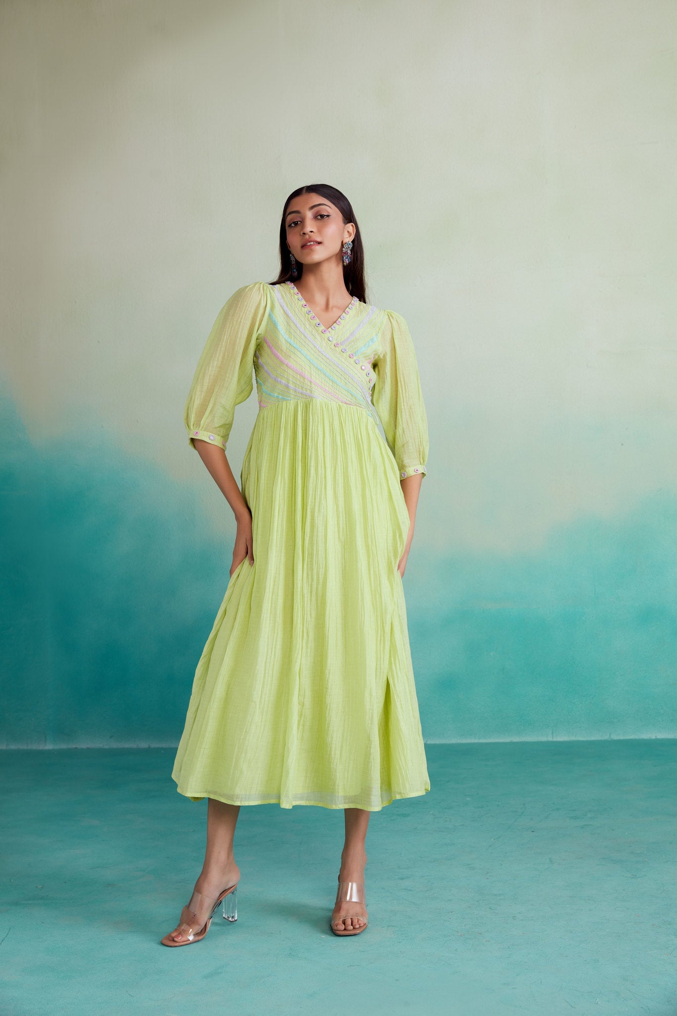 Vivid dress - Lime Hand embroidered gathered Dress