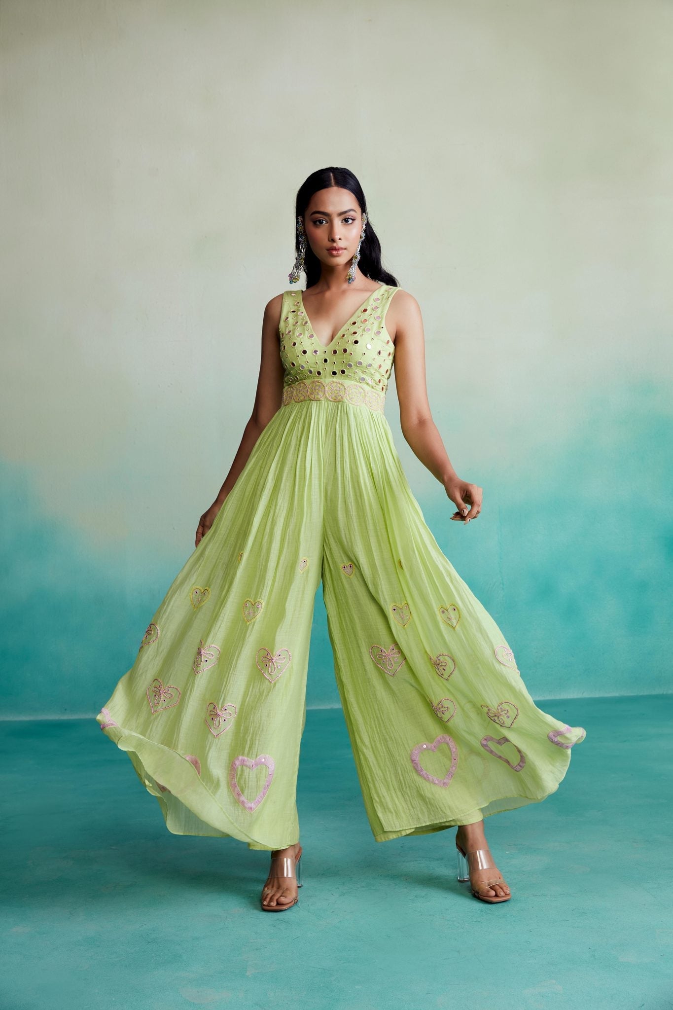 Citrine jumpsuit - Lime Hand embroidered gathered Jumpsuit