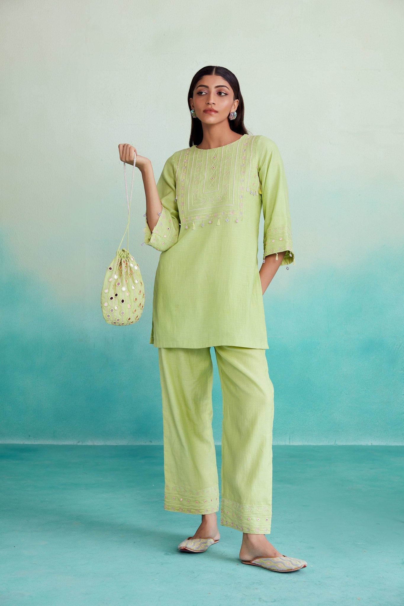 Citrina kurta set - Lime Hand embroidered Kurta Pants set