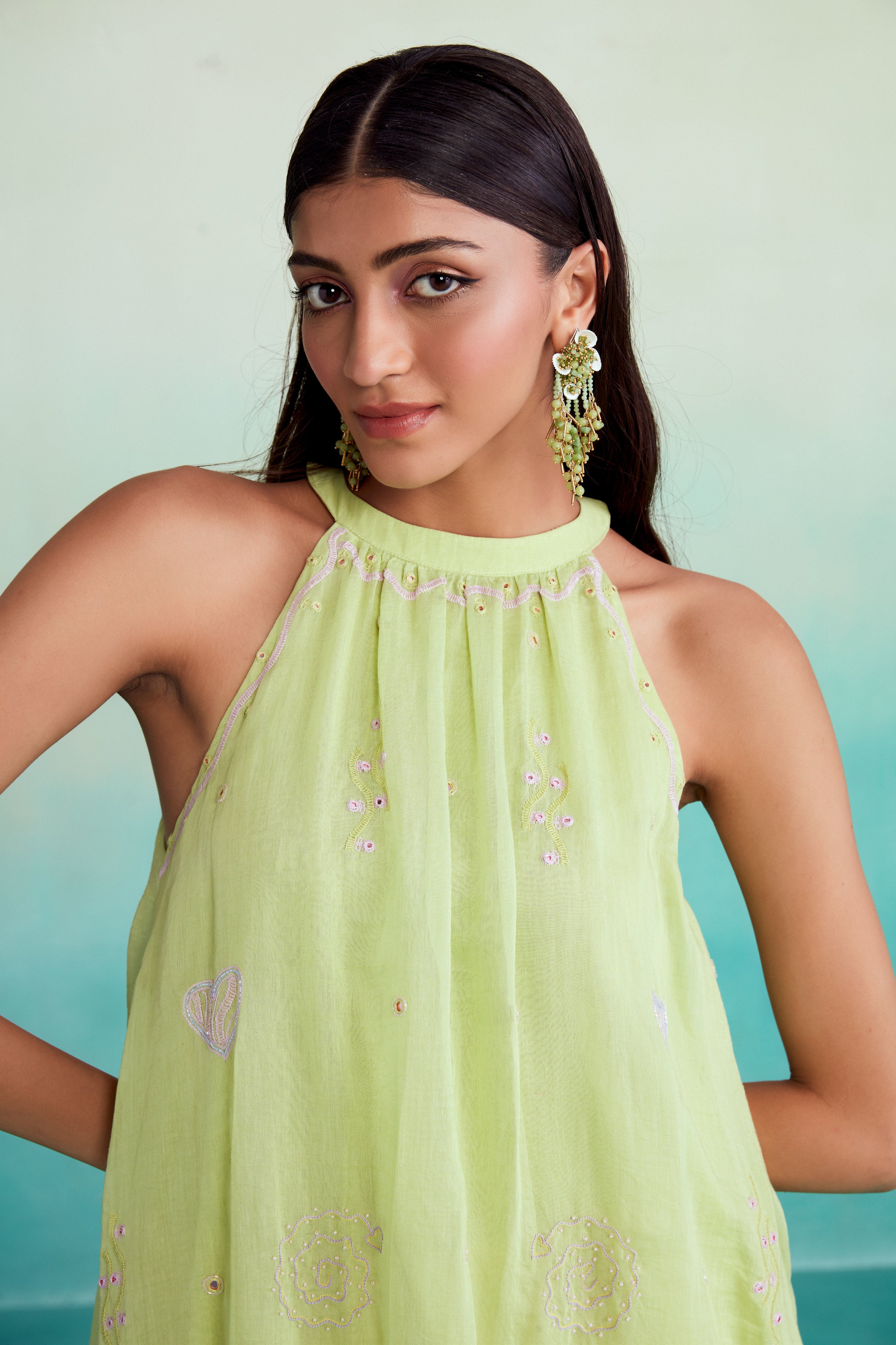 Limeade kurta skirt set - Lime & Orchid Pink Hand embroidered Kurta Skirt set