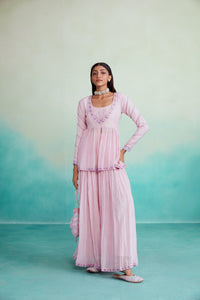 Rosalyn kurta sharara set - Orchid Pink Hand embroidered gathered Kurta Sharara set