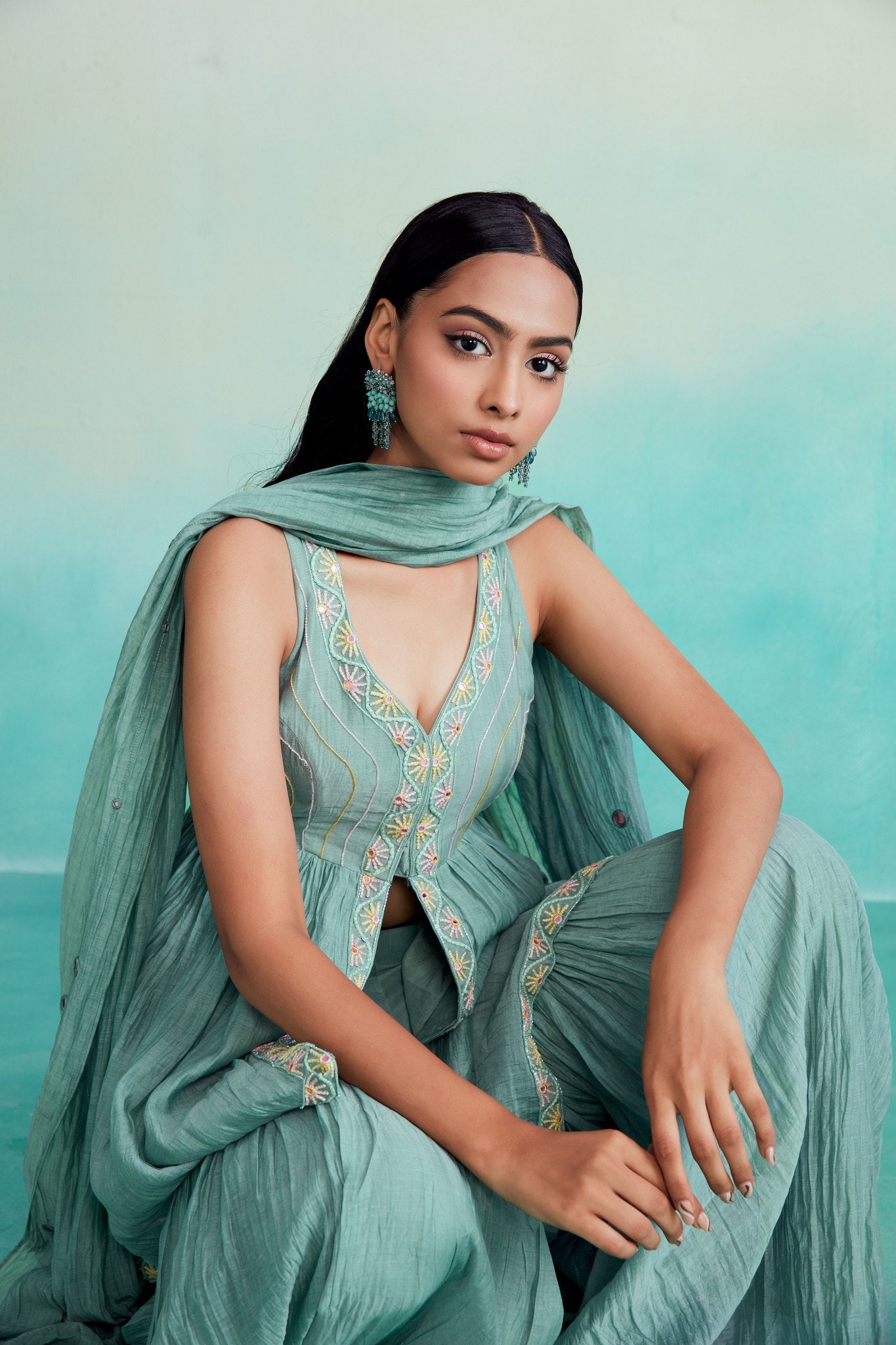 aquamarine kurta sharara set - Mint Hand embroidered gathered Kurta Sharara & Dupatta set