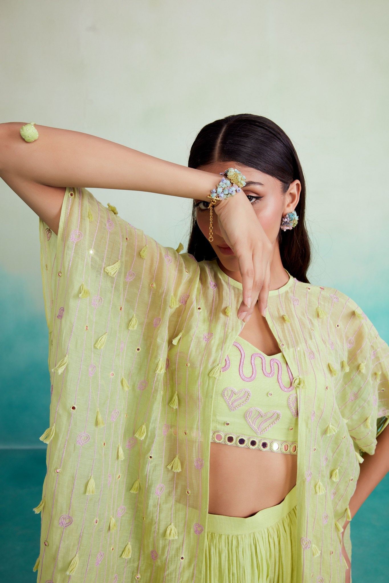 Citra jacket set - Lime Hand embroidered Jacket Crop top & Sharara set