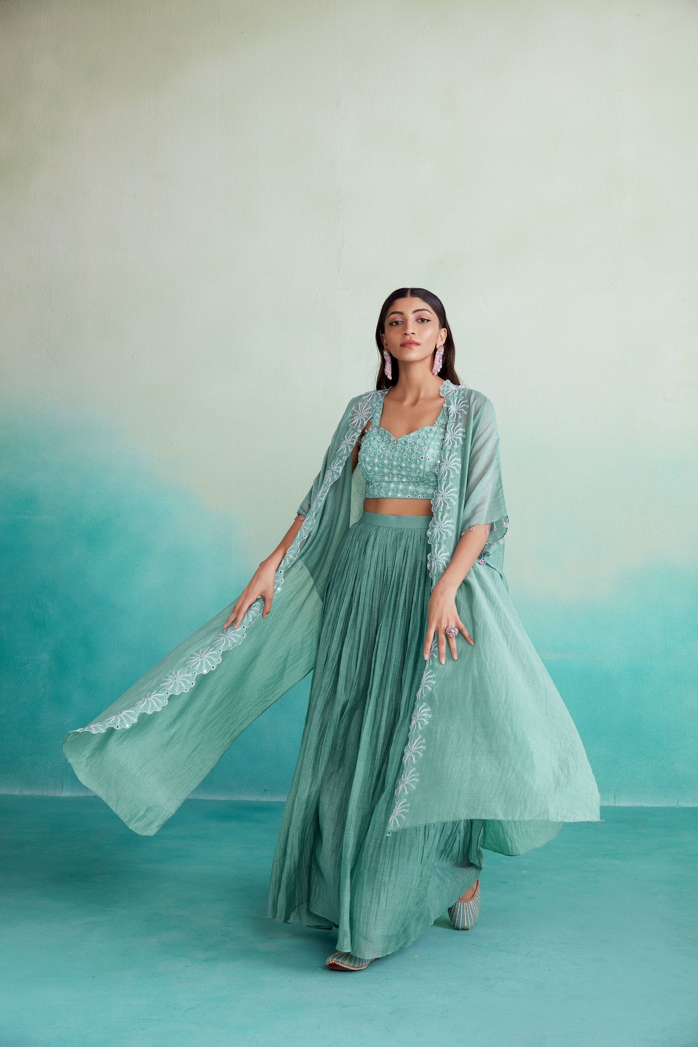 Zephyr jacket set - Mint Hand embroidered Jacket Crop top & Sharara set