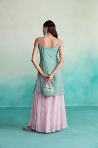 Celestial kurta sharara set - Mint Hand Embroidered Kurta with Orchid Pink gathered Skirt